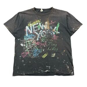 Vintage 90s Wild Oats New York Graffiti T Shirt Men's XL Black AOP Distressed